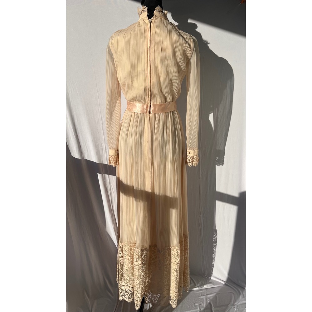 Vtg 60s 70s Accordion Pleated Chiffon Lace Maxi Dress S Pink Gunne Sax Style - Picture 2 of 13